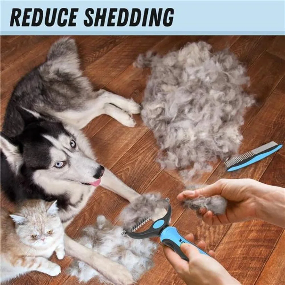 Pet Grooming Brush and Metal Comb Combo, Cat Brush Dog Brush for Shedding